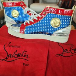 CHRISTIAN LOUBOUTIN  HIGH CUT SNEAKERS-LEATHER SIZE 46.5 US 12.5 o 13- BLUE-RED- SILVER- NEW