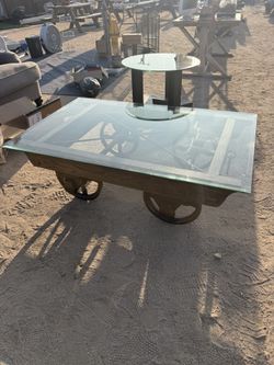 Industrial Railroad Coffee Cart Table (Antique Farmhouse Style) + Side Table 