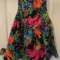 Vintage A.J. Bari Size 10 Strapless 80s Tropical Garden Print Dress 100% Cotton
