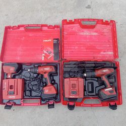 2 HILTI CORDLESS HAMMER DRILLS WITH BATTERIES AND CHARGERS