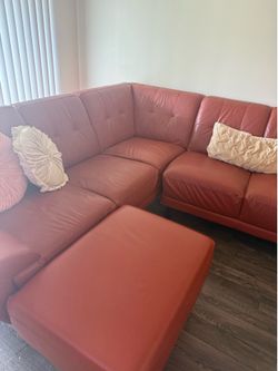 FOR SALE: Large Red/orange Leather Sectional Couch with Ottoman – $125 obo