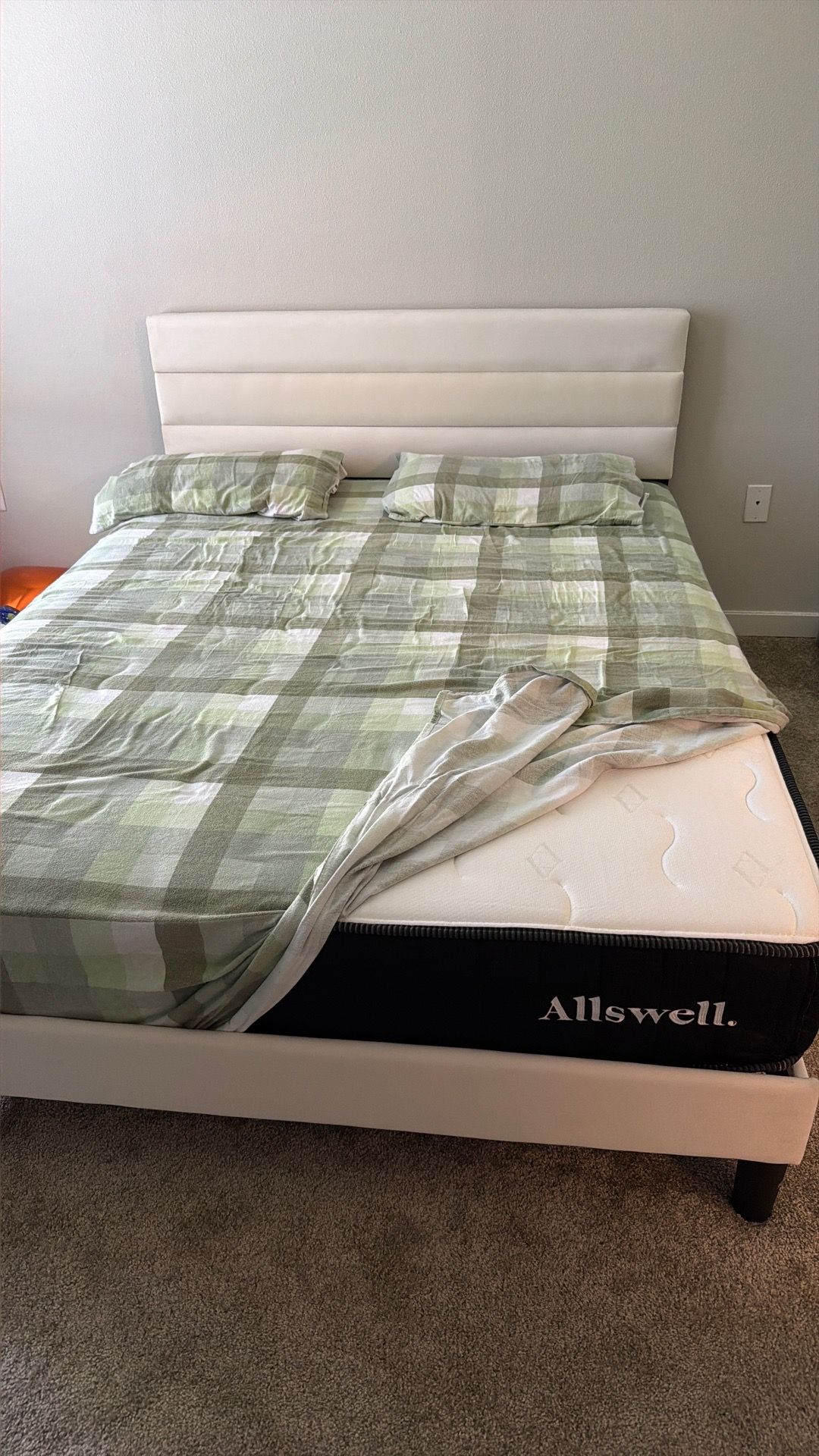 Bed frame with mattress and two cushion