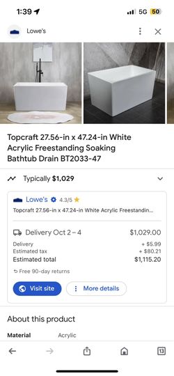 Topcraft 27.56-in x 47.24-in White Acrylic Freestanding Soaking Bathtub Drain BT2033-47