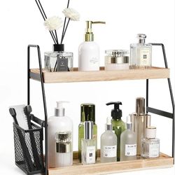 Bathroom Organizer Countertop, 2-Tier Standing Counter Shelf with Basket, Wood Tray for Kitchen Vanity Organizer