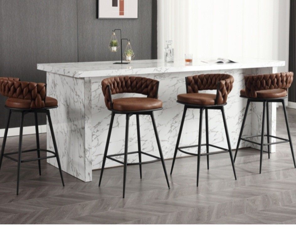 Bar Stools Set of 4, Bar Height Bar Stools, 180° Swivel Suede Fabric Stool Chairs with Woven Back and Footrest for Kitchen Island, Cafe, Pub, Bar Coun
