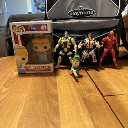 Lot Of Cinderella Funko , Human Torch Marvel, X-men Cable And Wolverine, And Elmer Fudd Figure