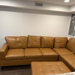 Tan Sectional Faux Leather Couch 