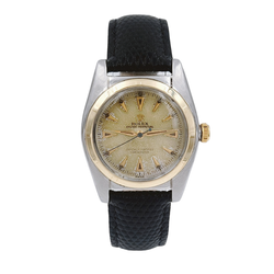 *1957 Men's Rolex 32mm Bubbleback Vintage Oyster Perpetual Two Tone Watch with Black Leather Strap and Gold Dial. (Pre-Owned 5011)