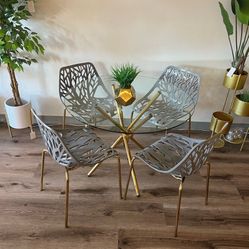 NEW Boho Gray Gold Dining Table Set For 4
