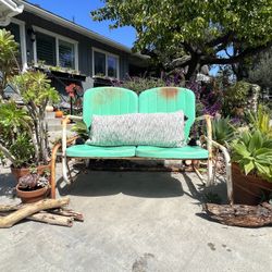 Vintage Metal Glider Lounge Chair Bench Turquoise Rust Weathered Patina MCM Patio Porch  