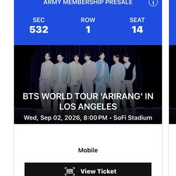 2x BTS Concert WORLD TOUR 'ARIRANG' IN LOS ANGELES Wed, Sep 02, 2026, 8:00 PM SoFi Stadium Tickets