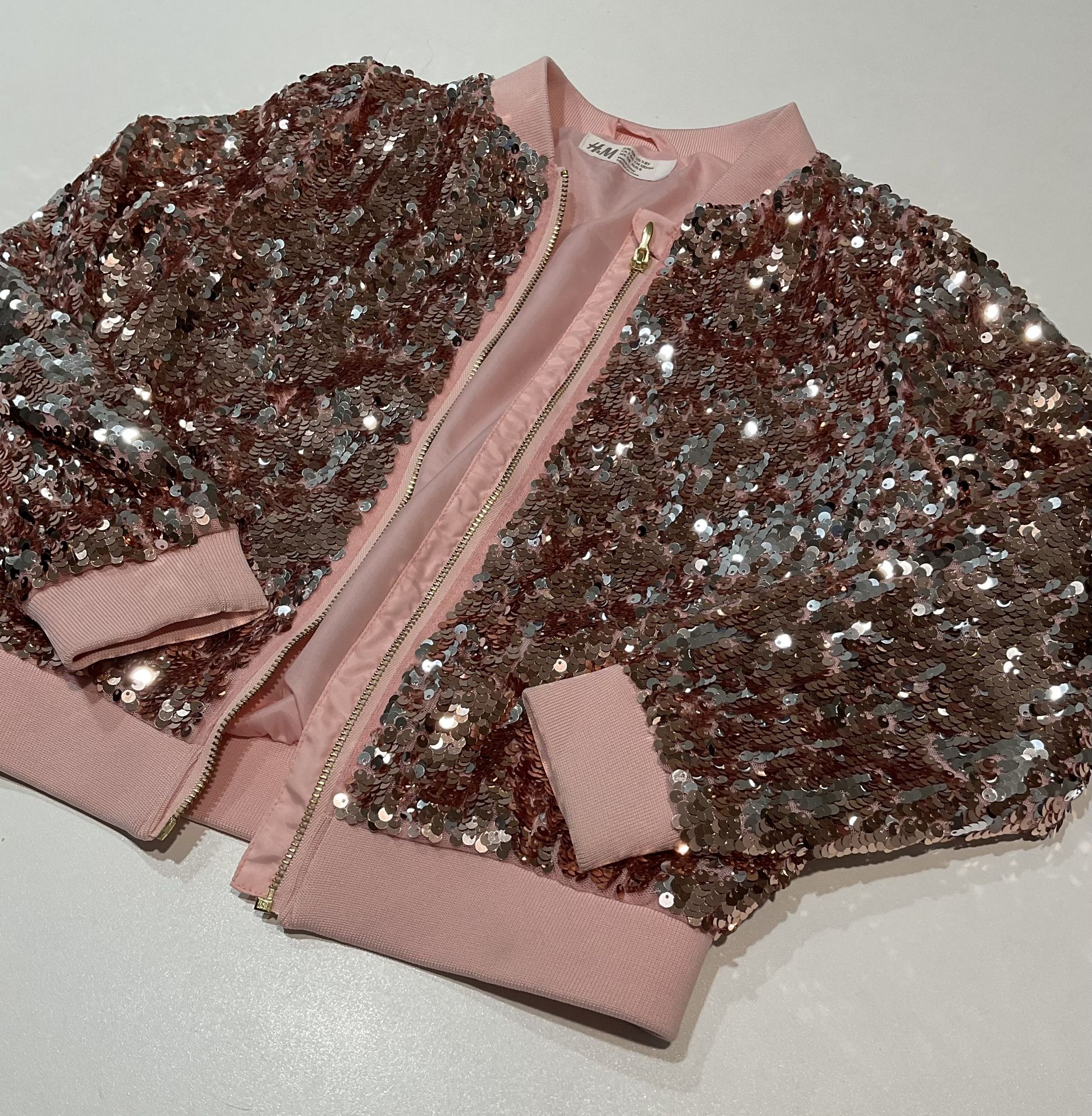 H&M Girl’s Sequined Lined Front Zipper, Thick Elastic Trim Jacket, 7-8 years