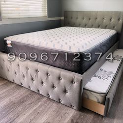 Full/Twin Gray Frenchi Tufted Trundle Beds W. Ortho Mattresses Included
