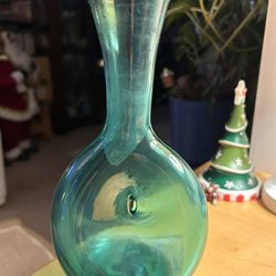 Vintage Blenko Pinch Vase in Teal Handblown Mid-Century Modern Art Glass Donut vase 