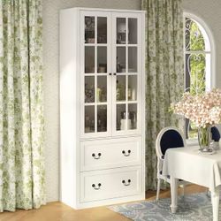 White Wooden 31.5 in. W Buffet Pantry Cabinet Kitchen Cabinet with Adjustable Shelves and Tempered Glass Doors, Drawers