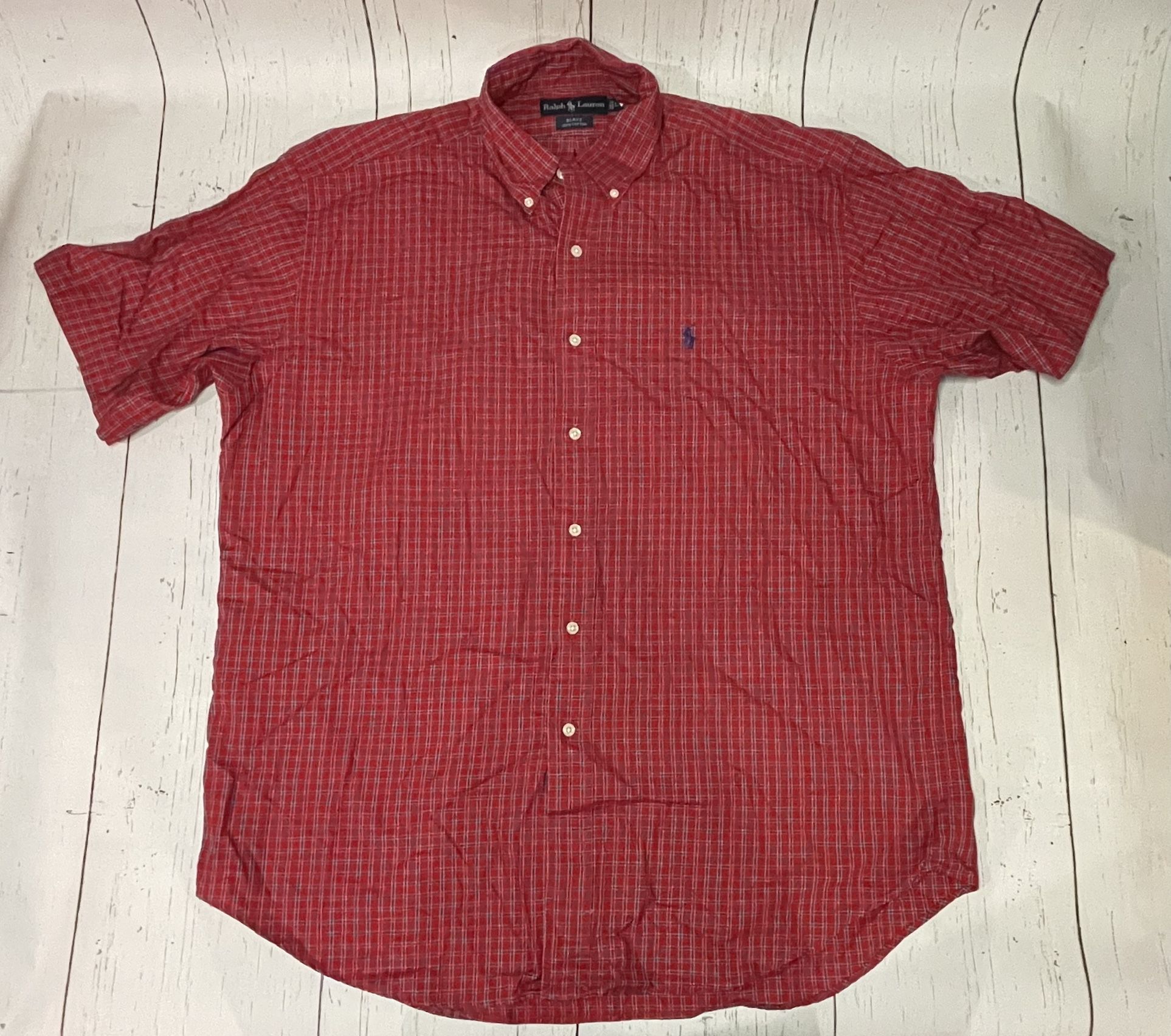Ralph Lauren Men Large Red Plaid Blake Shirt Button Up Short Sleeve Purple Pony