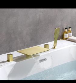 Vanfoxle Waterfall Bathtub Faucet Set With Hand Showe, Roman Tub Faucets Deck Mount Brushed Gold Tub