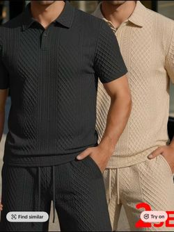 Brand New  -  Men's summer casual texture fabric solid color polo shirt T-shirt shorts 2-piece set, loose fit suitable for casual sports, breathable a
