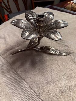 Vintage Hollywood Regency Pewter Lotus Flower Lotus Candle Holder