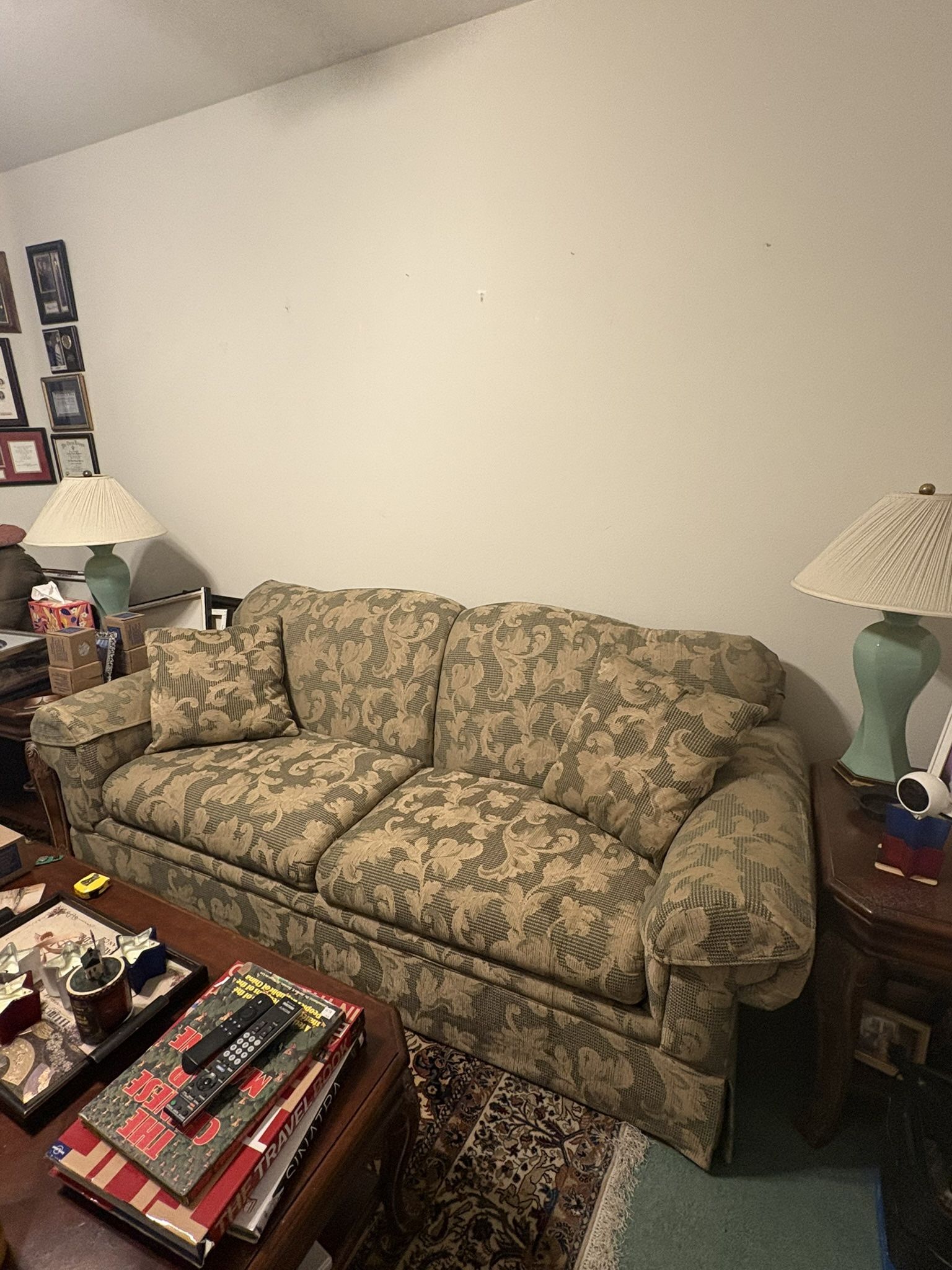 Fabric Loveseat Sofa With  Green And Yellowish Gold  Flower DesignLoveseat Sofa With Metal Folding Bed 