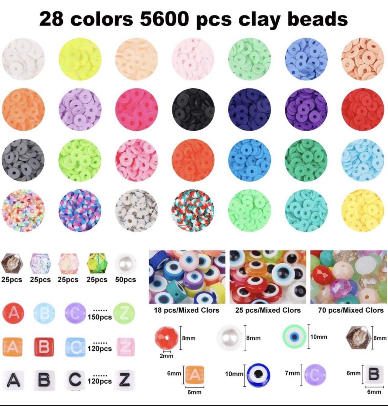 6700 Pcs Clay Beads Kit for Bracelet Making,28 Colors Flat Polymer Heishi Beads Letter Beads Evil Eye Beads White Pearl, Jewelry Making Kit with Penda