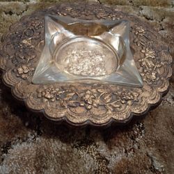 Vintage MCM 10"  Gold Round Plaster Ashtray 