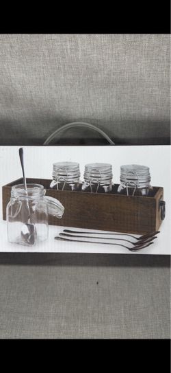 Parini 9-Piece Glass Condiment Jar Set – 4 Jars, 4 Spoons & Wooden Caddy