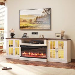 Assembled 98" Farmhouse TV Stand with 36" Fireplace, Black & Black Media Entertainment Center with Fireplace,Adjustable Shelves & Large Storage Cabine