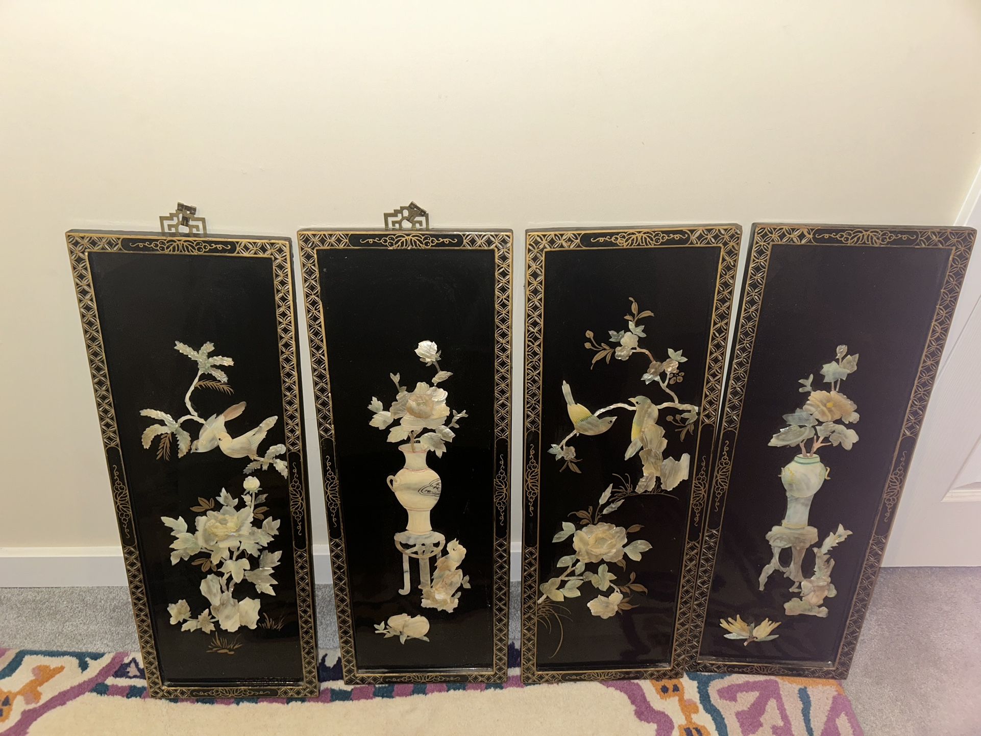 Set Of 4 Vintage Chinese Mother Of Pearl Wall Art