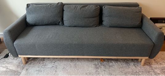 : Modern Dark Gray 3-Seat Sofa bed - Wood Legs, Excellent Condition