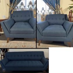 Sofas & 2chairs , Used, RC Wally Wide Tufted sofa Mid-Century Modern Comfy Accent  with Wood Legs, Solid Wood Frame Sofa for Bedroom, Living Room, H