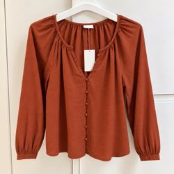 Rust Button-Front Long Sleeve Blouse