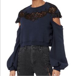 Jonathan Simkhai lace appliqué drop sleeve embroidered crop sweatshirt sweater