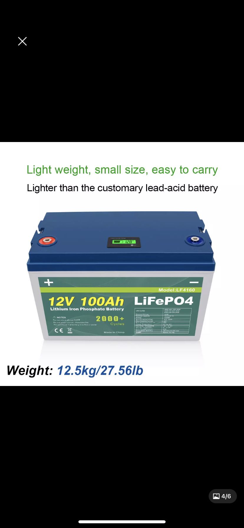 Photo Lithium iron phosphate 12v 100ah 1280wh 2000 cycles built in the BMS.