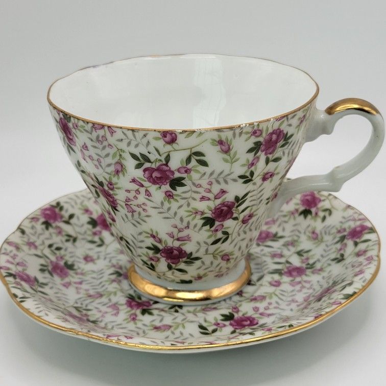 Vintage Lefton China Pink Rose Chintz Gold Band Teacup & Saucer 2119
