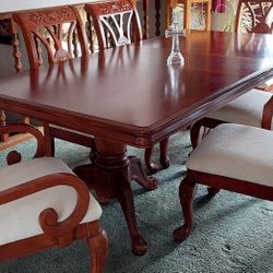 Wood Carved Cherry Dining Chairs And Pedestal Table 