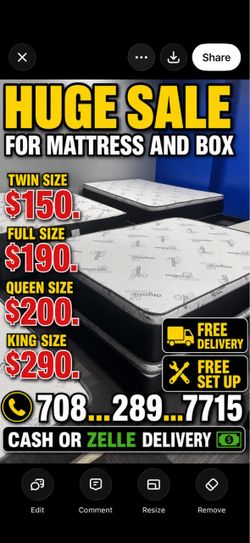 Huge sale for Mattress And Box Twin size #mattress and box 150.$ full 190$ Queen 200$ king 290$. free delivery free set up 708….289…7715… cash or Zell