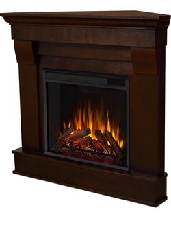 Corner Fireplace with Wood Mantel