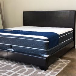 Brand New Black King Size Leather Bed Frame With New 12.5 Inch Pillow Top Mattress/Fast Delivery 