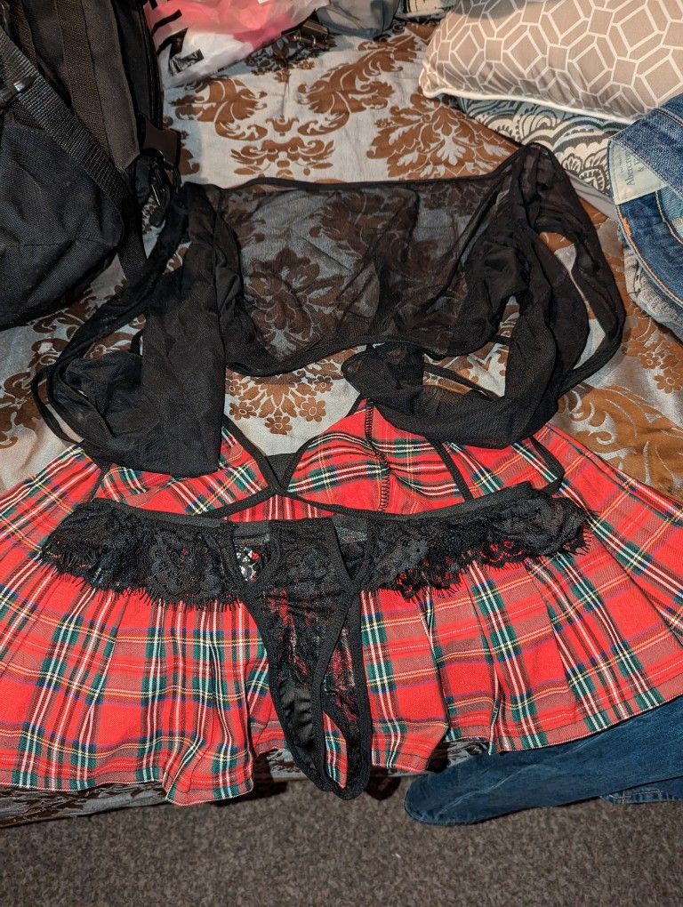 3pack Tartan Knot Front Triangle School Girl Costume Set