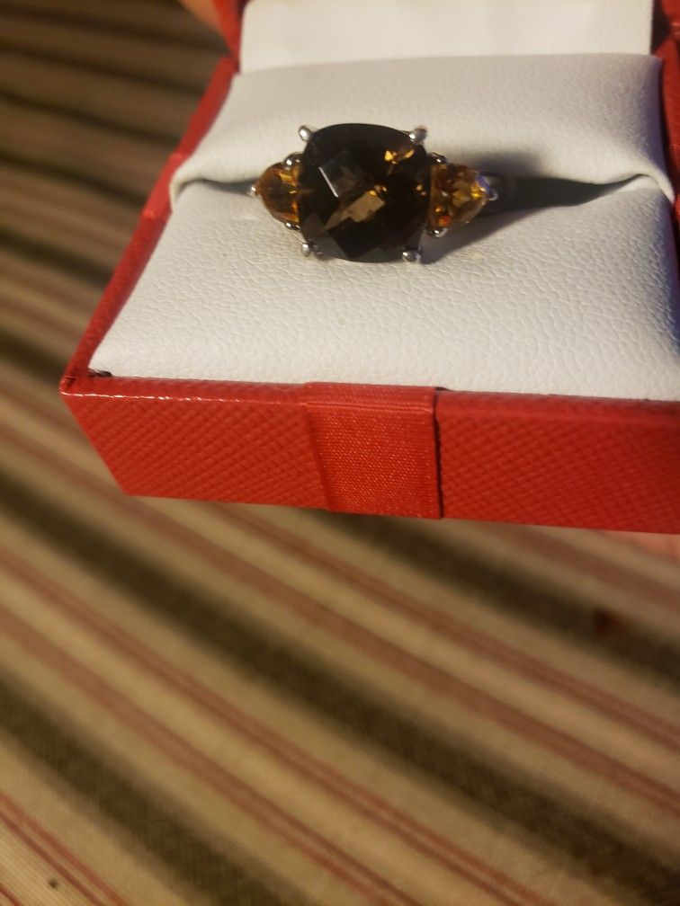 Smoky Topaz with Citrine Accents Sterling Silver Ring  Size7