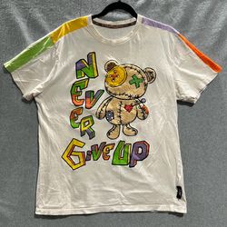 Switch Mens Never Give Up Stitched Teddy Bear Graphic T-Shirt White L Streetwear