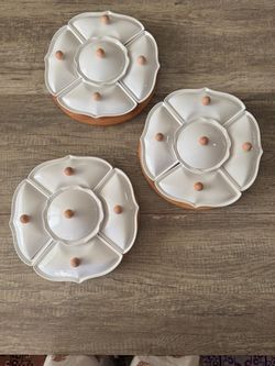 Set of 3 White Ceramic Covered Snack Dishes on Wooden Bases