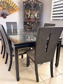 Black Lacquer Dining Table with 6 Chairs