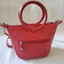 RED Leather Handbag / Crossbody Purse Minimalist Round Handles Cheetah Lining