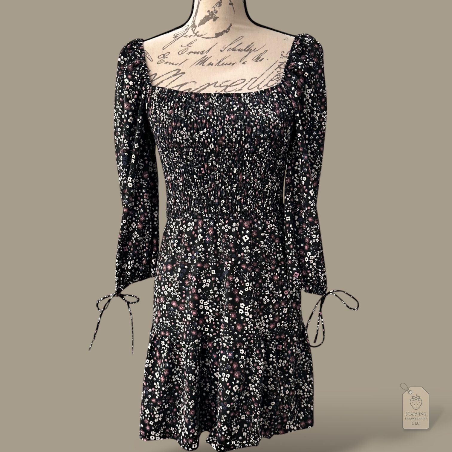 Topshop Smocked Floral Mini Dress Black White & Pink | US 4 Square Neck