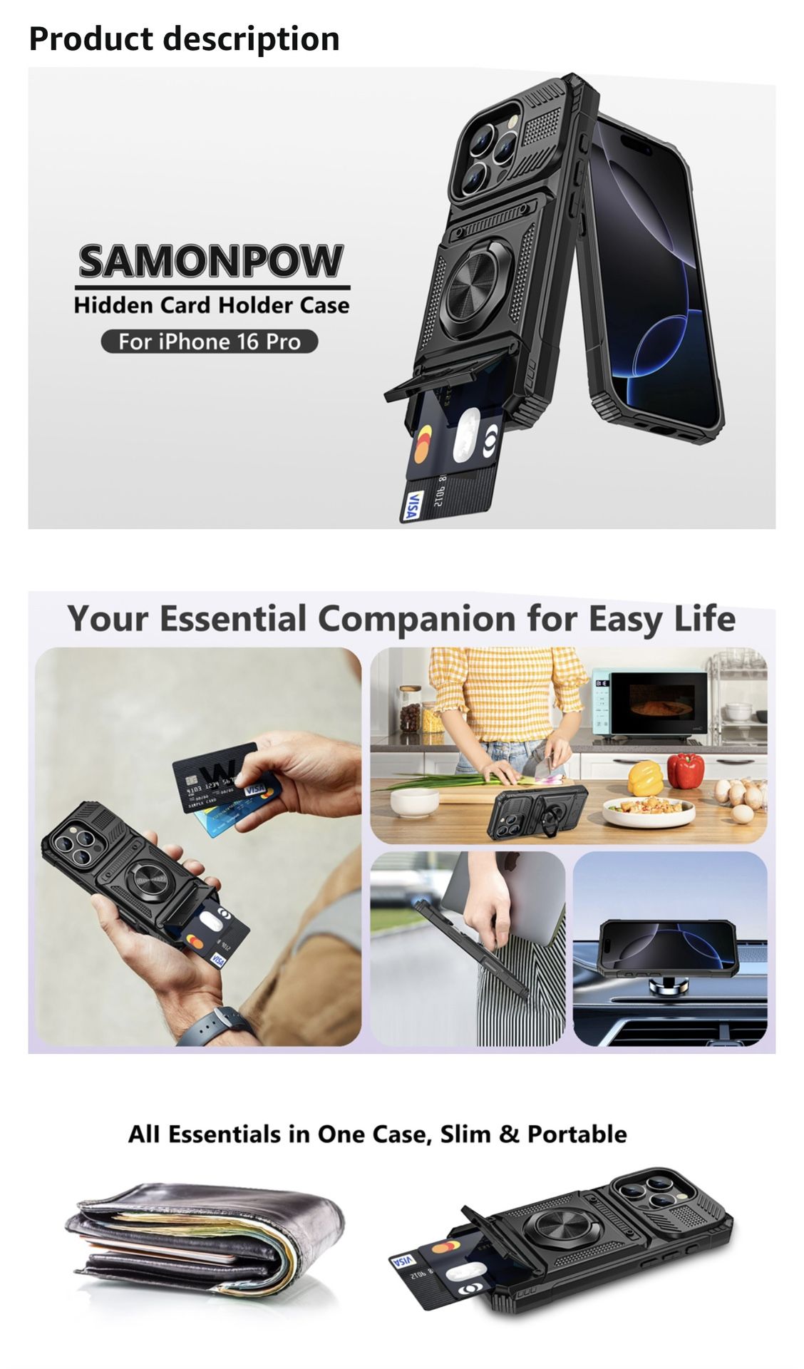 SAMONPOW Cell Phone Case for iPhone 16 Pro Black Wallet, Card Holder, 360° Magnetic Ring Stand, Heavy Duty, Dual Layer, Protective, Shockproof, New