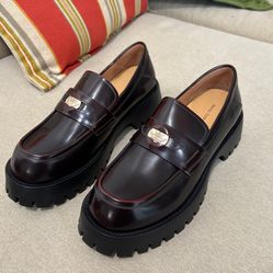Size 7 Platform Cow Leather Penny Loafers for Women Burgundy