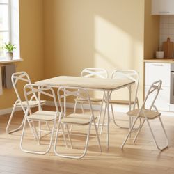 Homy Casa FernX 7PC Folding Dining Set 43” Wooden Folding Table with 6 Wooden Chairs Oak White finish