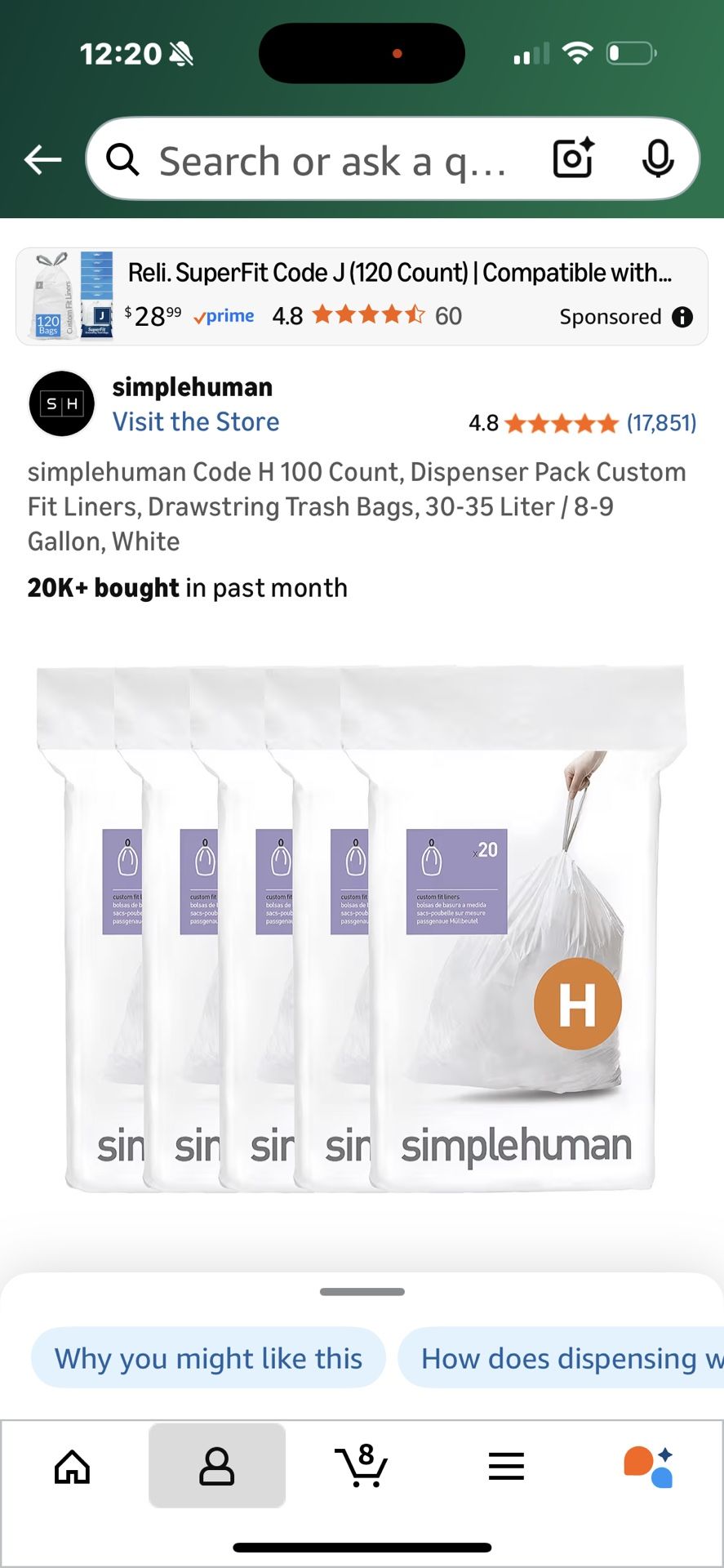 simplehuman Code H 100 Count, Dispenser Pack Custom Fit Liners, Drawstring Trash Bags, 30-35 Liter /